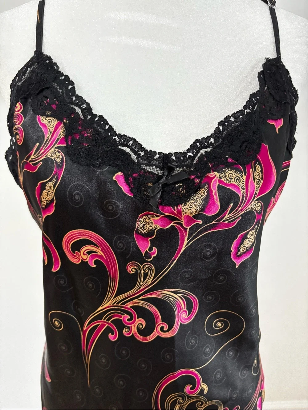 Delicates L Black Pink Gold Floral Satin Chemise Robe Set Lace Trim Y2K